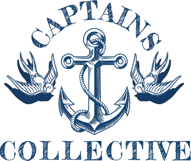 Blue anchor logo with two birds and the words “CAPTAIN’S COLLECTIVE” on a black background